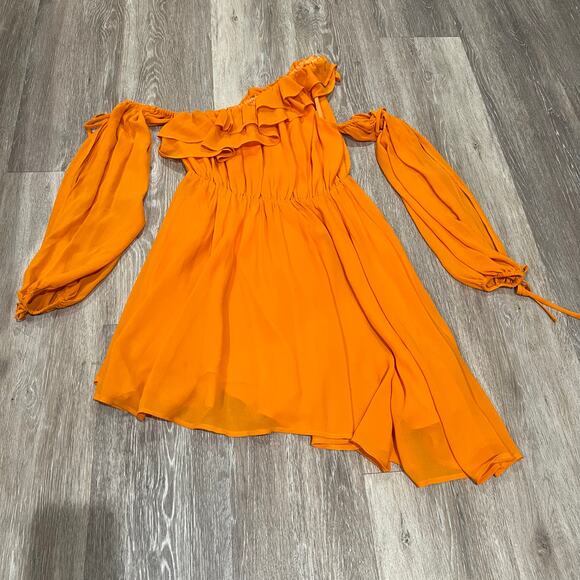 Michael Costello x REVOLVE Everett Orange Ruffle Asymmetric Mini Dress XS - Picture 3 of 8